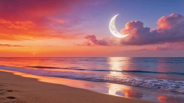 Beach at sunset with crescent moon