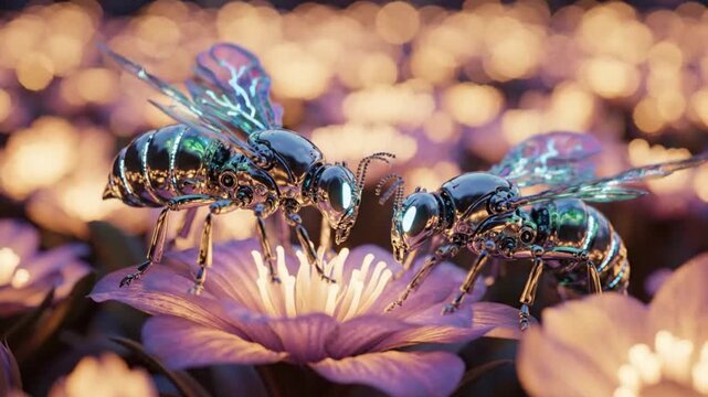 Close up of colorful bees pollinating vibrant flowers in soft light