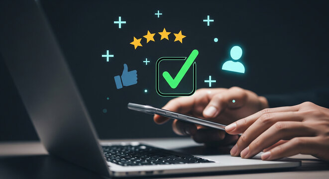 Customer feedback icons with star rating, thumbs up, and checkmark, perfect for user experience, service evaluation and online reviews marketing