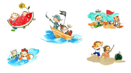 Fototapeta premium 夏の海で遊ぶ可愛い子どもたちの手描き水彩イラストセット（スイカ割り・海賊船・砂遊び） Cute children playing in the summer sea hand-drawn watercolor illustration set (watermelon splitting, pirate ship, sandplay)