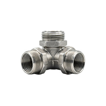 A close-up view of a metallic t-shaped pipe fitting with threaded ends, isolated on a clean white background, for industrial use