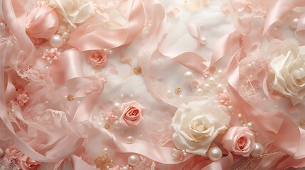 Fototapeta premium Satin Ribbon Fantasy a luxurious dreamy composition of satin ballet ribbons swirling like soft waves, pearl accents, pink roses, delicate lace textures, soft cloudy background