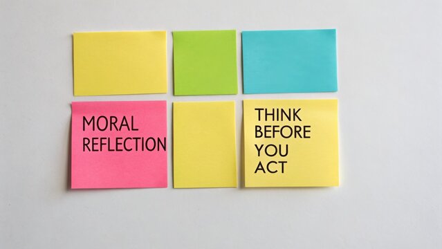 Colorful sticky notes with moral reflection and a reminder to think before acting on a light background for productivity insights
