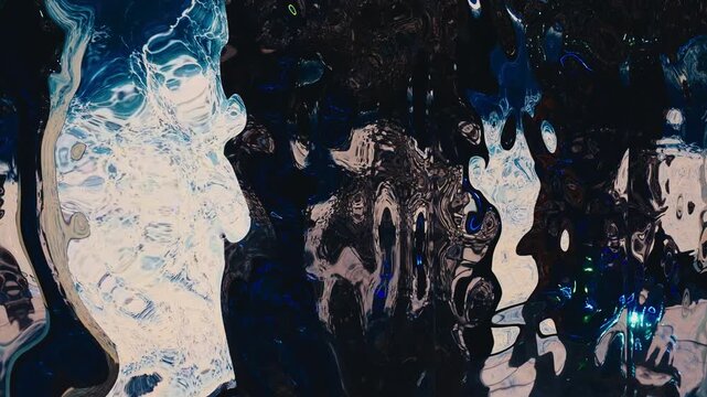 Slow-moving, glacier-like white forms drift against a dark background while fast, glowing blue laser-like streaks dart and flicker across the frame. high-contrast combination of organic slow motiion