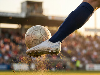 Fototapeta premium Soccer player kicking ball on stadium pitch at sunset
