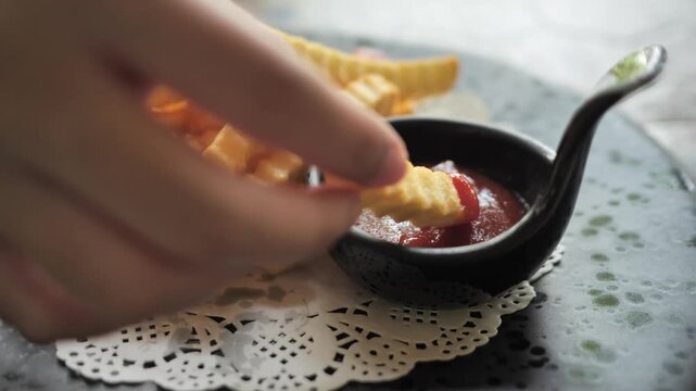 Close up of a hand dipping crunchy French fries into a small bowl of tomato ketchup. Fast food, crispy potato chips, snack time, and appetizer restaurant stock video.
