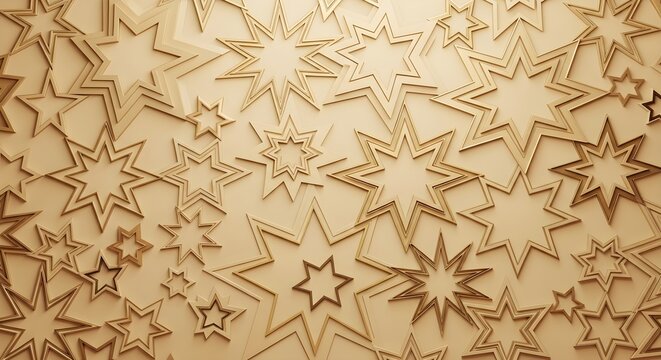 Elegant three dimensional golden stars arranged in a repeating pattern across a soft beige surface creating a luxurious holiday background with subtle warm ambient lighting effects