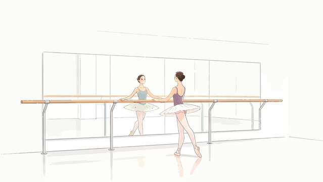 Soft minimalist line art illustration of a young ballerina practicing at a wall-mounted ballet barre, facing her reflection in a bright empty white dance studio with calm quiet atmosphere