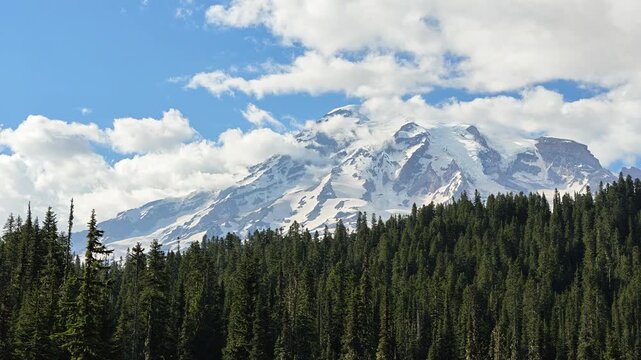 Time lapse of Mount Rainier snow capped peak and evergreen forest