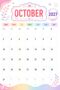 Elegant Pastel Monthly Calendar 2027 October Template