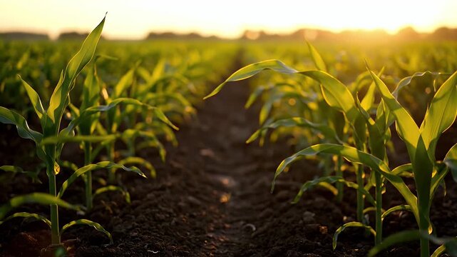 Young green corn plants grow in a fertile field during golden sunset