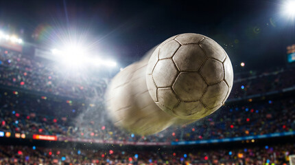 Fototapeta premium Soccer ball in motion during night match at stadium