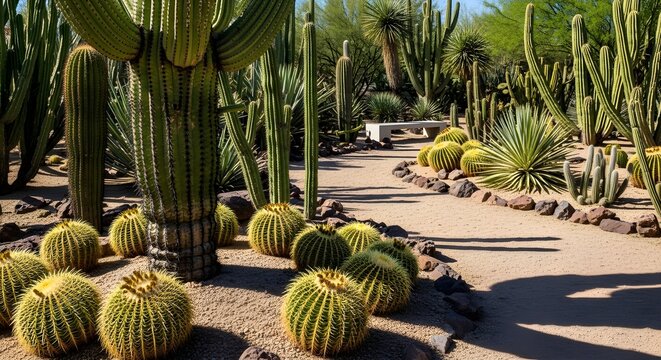 Large saguaro cactus stands tall beside many golden barrel cacti in a bright sunny desert botanical garden with a sandy pathway and clear blue skies