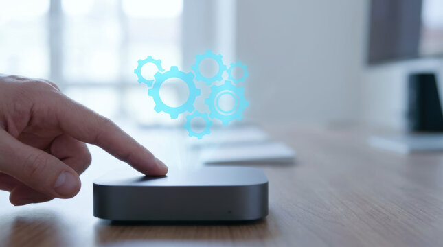 Finger touching small device with digital gears floating above symbolizing customer value proposition and cvp concept
