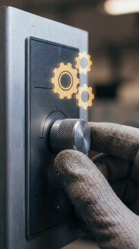 Hand adjusting metal control knob with glove highlighting customer value proposition and cvp for precise settings and control