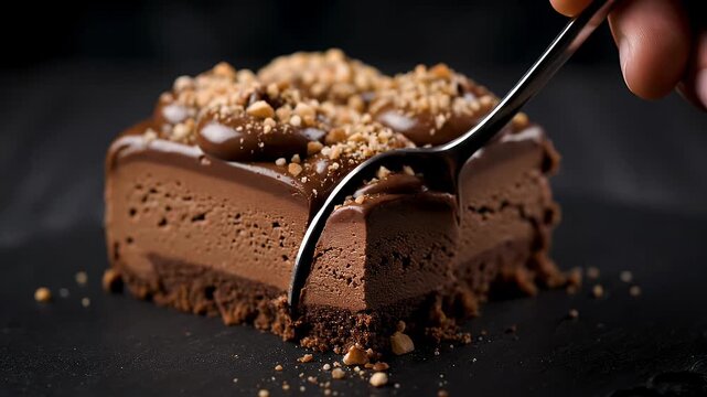 A spoon cuts into a rich chocolate mousse cake with hazelnut topping