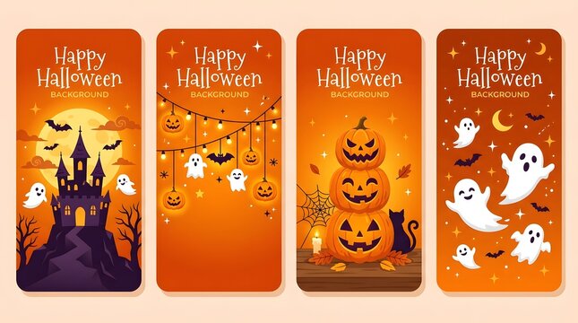 Set of four vertical halloween backgrounds with pumpkins and ghosts