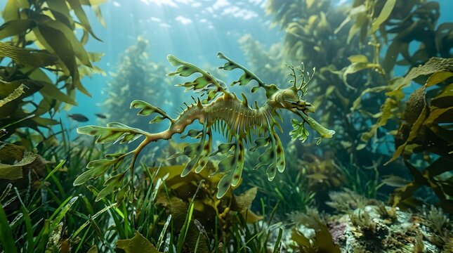 Leafy seadragon swimming in an underwater kelp forest