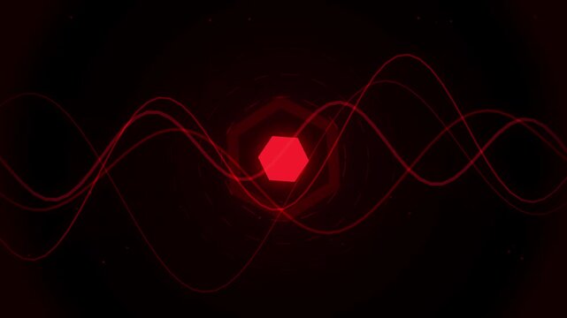 Abstract red hexagon with flowing waves on black background.