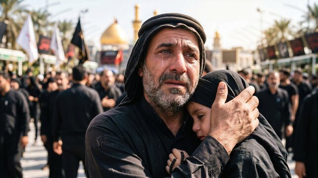 Middle eastern man and child crying and hugging during the religious ceremony of Ashura. Mourning father comforting kid in public procession. Traditional faith and historical memorial event.