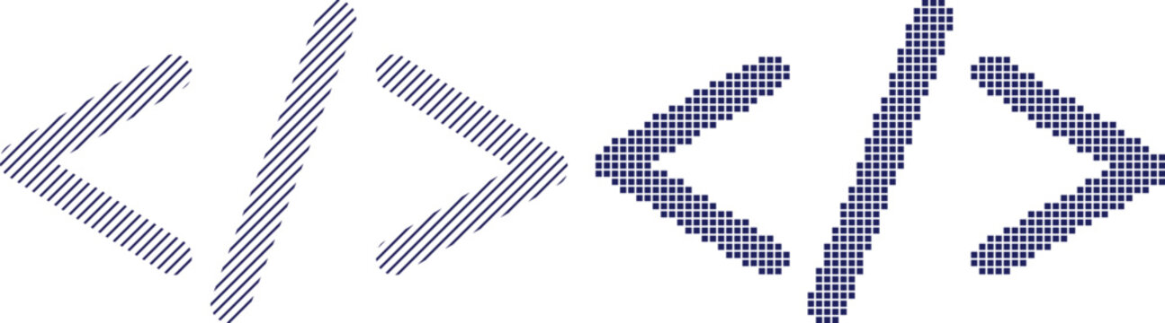 Angular brackets composed of lines and dots representing code programming and web development concepts