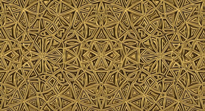 Intricate geometric golden pattern featuring repeating triangular shapes and ornate metallic textures created in a sophisticated digital style for luxury backgrounds and high end wallpaper designs