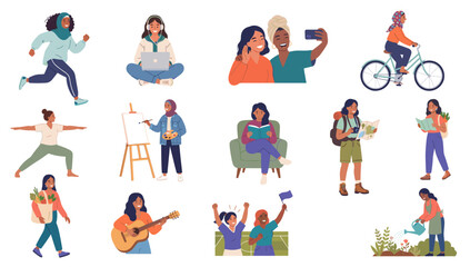 Fototapeta premium Diverse young women character set in daily lifestyle activities and hobbies including arab beurette vector illustration isolated.
