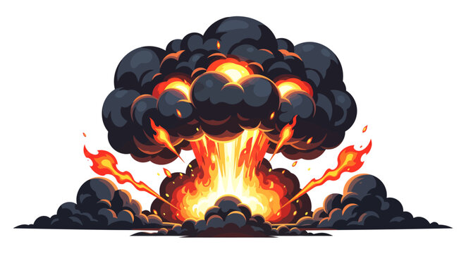 Cartoon style illustration of a large explosive fire blast with dark smoke isolated on white background.