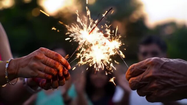 Two hands holding sparklers create light bursts with hennaed detail