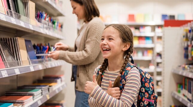 A joyful young schoolgirl with braids and a backpack gives a thumbs up while shopping for notebooks and pens at a store with her mother.