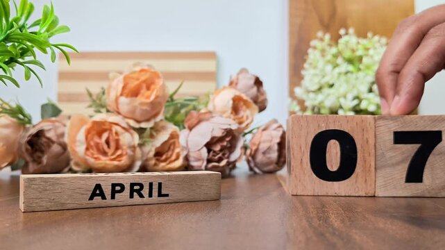 Hand placing wooden calendar blocks showing april 7 on a wooden table
