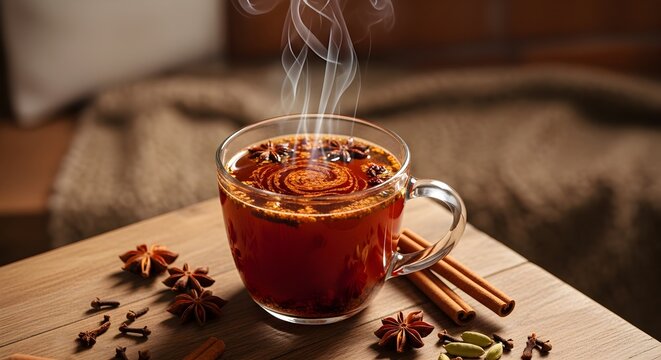 Hot spiced tea in a clear glass mug steaming on a rustic wooden table with cinnamon sticks and star anise spices for a cozy winter mood