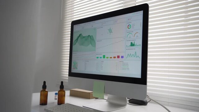 Modern computer monitor displaying analytics dashboard on serene office desk workspace with calm dropper bottle setup