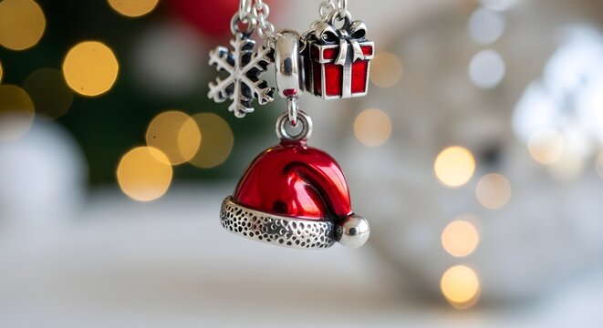 Shiny silver and red enamel christmas themed jewelry charms featuring a santa hat snowflake and gift box hanging beautifully against a soft glowing blurred background