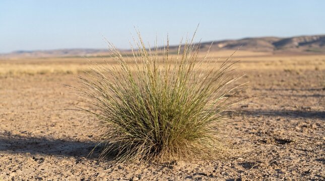 Traditional Stipa tenacissima halfa esparto grass plant growing on an arid cracked terrain under sunlight