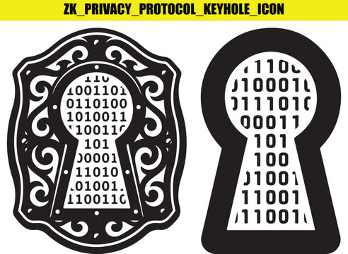 Zk privacy protocol keyhole icon set featuring binary code security protection design.