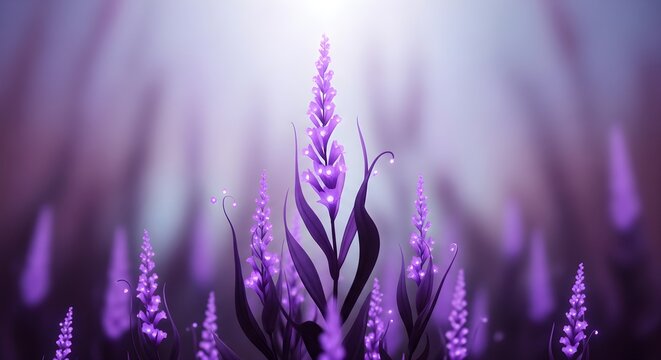 Beautiful purple wildflowers with glowing petals stand tall in a misty field captured in this artistic digital illustration featuring soft lighting and a dreamlike aesthetic