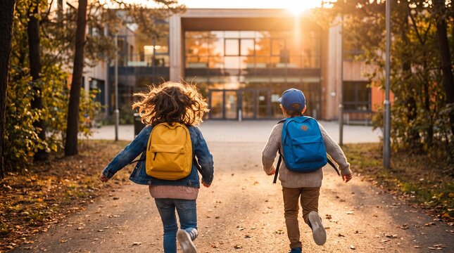 Rear view of a young boy and girl with colorful backpacks running toward their school building during a beautiful sunset in autumn.
