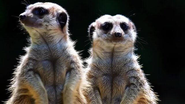 Two meerkats, one looking to the side, against a dark backdrop