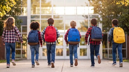 Obraz premium Rear view of a diverse group of elementary students with colorful backpacks running toward their school building on a bright, sunny morning.