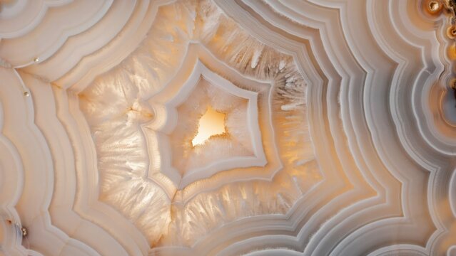 Macro close-up of translucent white and beige agate geode slice