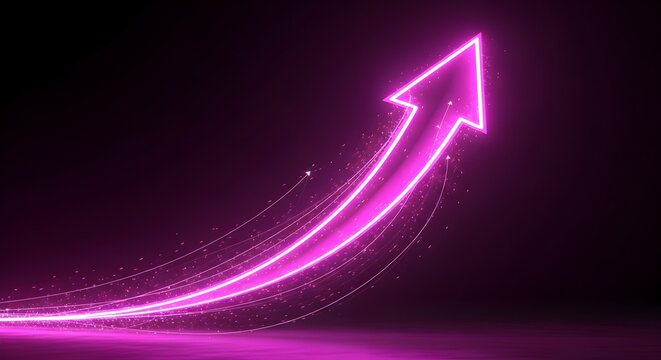 Glowing pink neon arrow moving upwards with bright light streaks and particles against a dark background representing business growth success and digital marketing progress concepts today