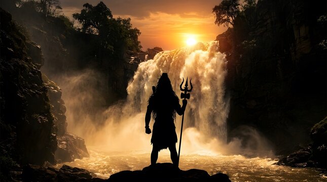mahadev lord shiva silhouette in majestic evening sunset sky, made by Ai