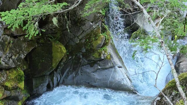Rushing waterfall cascading over mossy rocks in Washington forest