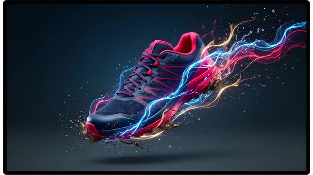 Dynamic running shoe surrounded by vibrant energy trails and glowing light effects symbolizing speed performance and advanced athletic technology