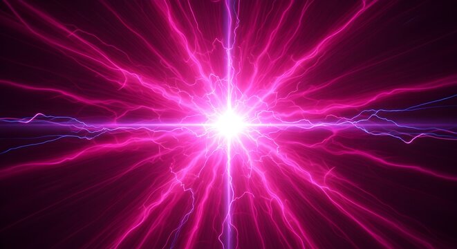 Radiant explosion of intense neon pink electrical lightning bolts radiating outward from a central brilliant white light source creating a powerful high energy abstract visual effect