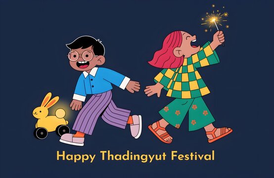 Happy Thadingyut Festival Children Celebration Cartoon Illustration