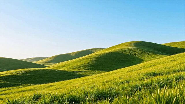 Rolling green grassy hills under blue sky