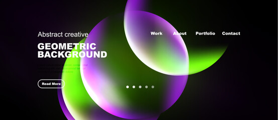 Naklejka premium Modern website header design. Vibrant overlapping shapes, text elements, navigation menu present. Dark background enhances visual impact.