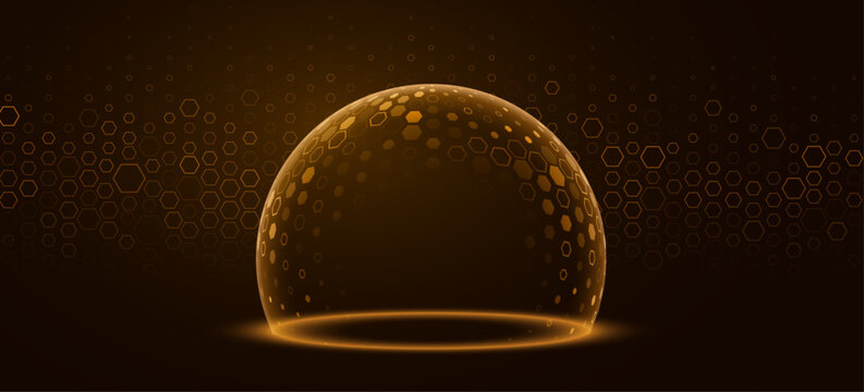 Futuristic holographic orange dome shield with glowing edges and hexagonal pattern on dark background with hexagons. Protective energy barrier for data protection. Vector illustration.